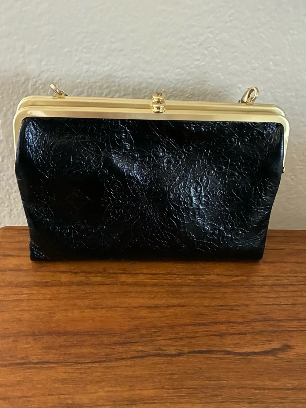 Hobo Black Embossed Leather Clutch / crossbody with matte Gold Trim